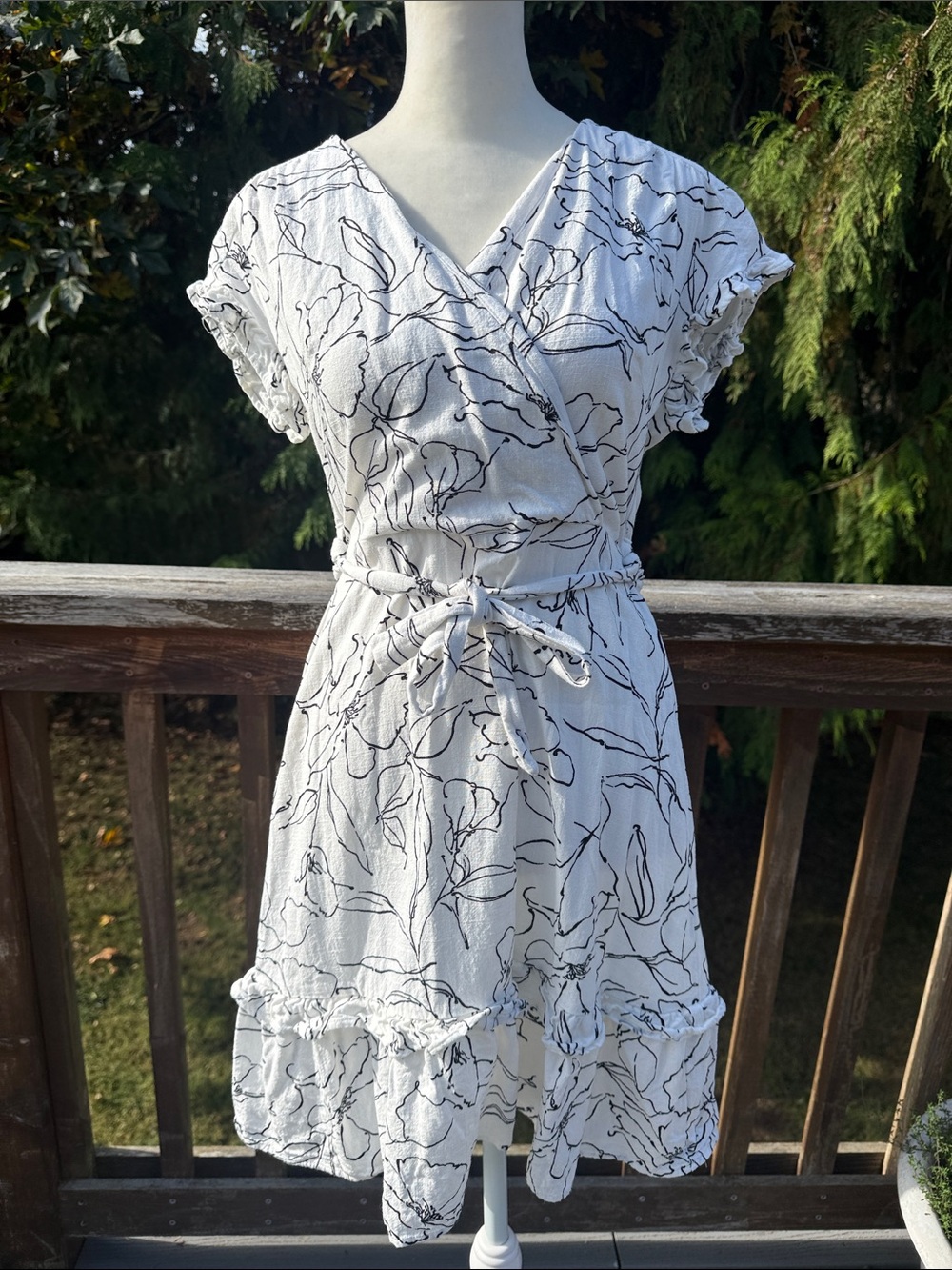 White & Black Floral Wrap Tie-Waist Dress